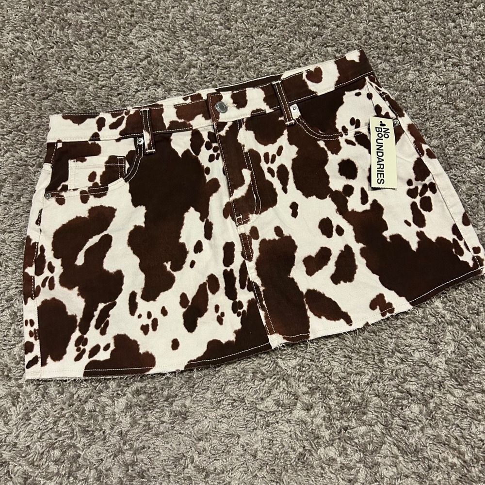 No Boundaries Brown Cow Print Denim Mini Skirt Womens Medium M 8-10